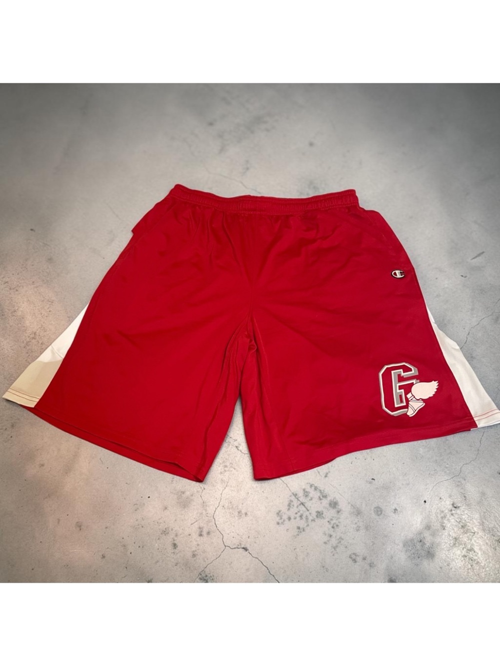 Champion Red Athletic Shorts with White Side Panels and Logo